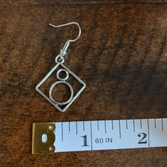 Geometric Square & Circle Dangle Earrings - Aged Silver Finish, Vintage Style - Picture 8 of 9